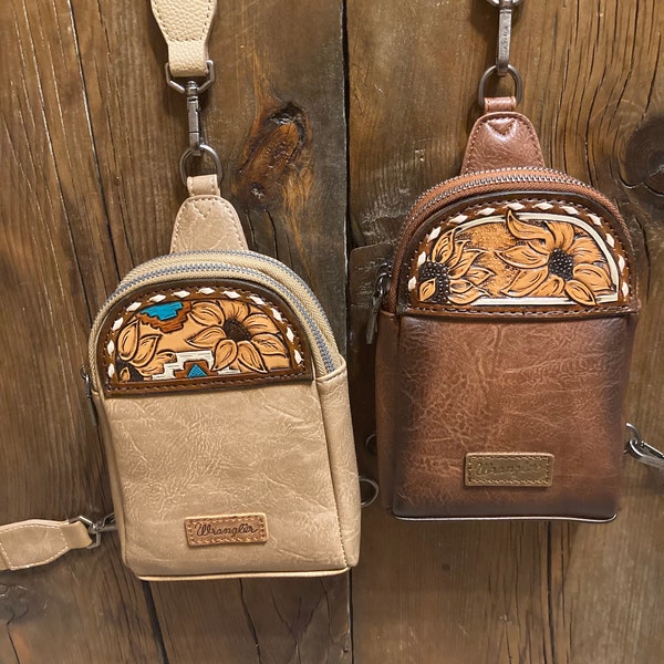 Small sling bags with hand tooled leather patches