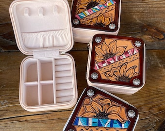 Mini travel jewelry box with tooled leather top