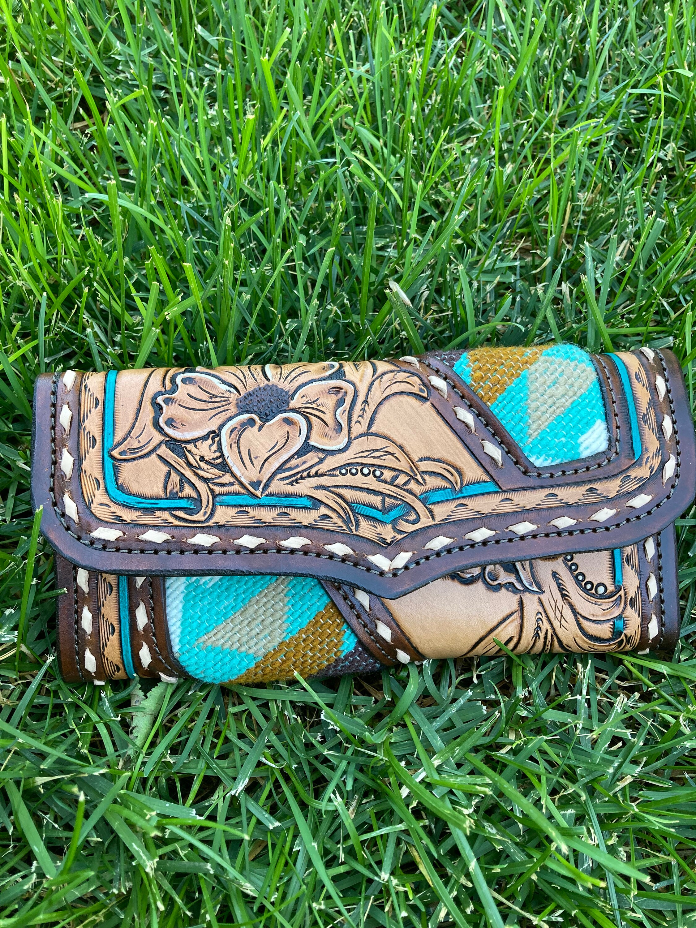 Hand tooled Womens tri fold leather wallet