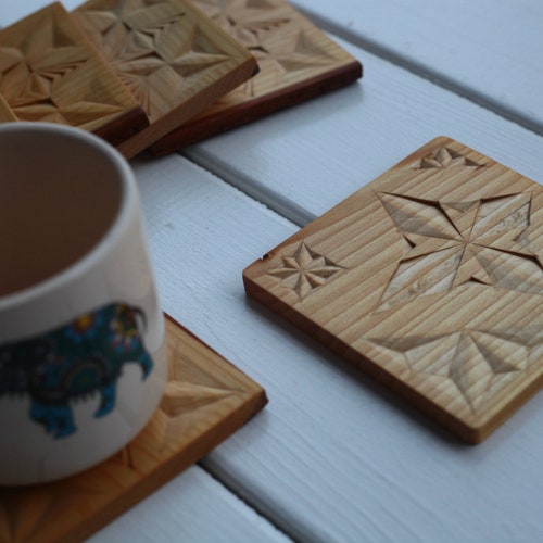Wood Carving Coasters, Hand Carved Coasters, Chip Carving Coasters, Coaster shops Set, Wood Office Decor , Kitchen Dekor