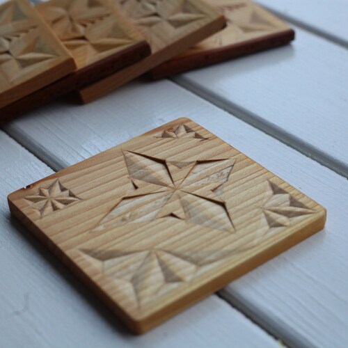 Wood Carving Coasters, Hand Carved Coasters, Chip Carving Coasters, Coaster shops Set, Wood Office Decor , Kitchen Dekor
