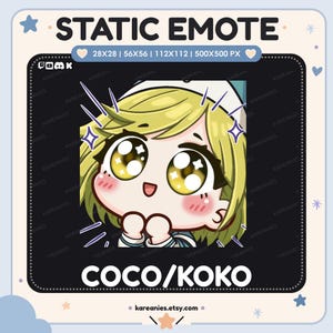 May include: A digital illustration of a character with blonde hair and large, sparkling yellow eyes, featuring the text STATIC EMOTE, 28x28 | 56x56 | 112x112 | 500x500 PX, and COCO/KOKO. The character has a joyful expression with hands held near the face.