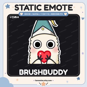 Może przedstawiać: Cyfrowa emotka zatytułowana STATIC EMOTE BRUSHBUDDY przedstawiająca białe stworzenie z dużymi czarnymi oczami, różowymi policzkami i niebieską spiczastą czapką, trzymające czerwone serce. Obraz zawiera etykiety tekstowe dla rozmiarów 28x28, 56x56, 112x112 i 500x500 px.