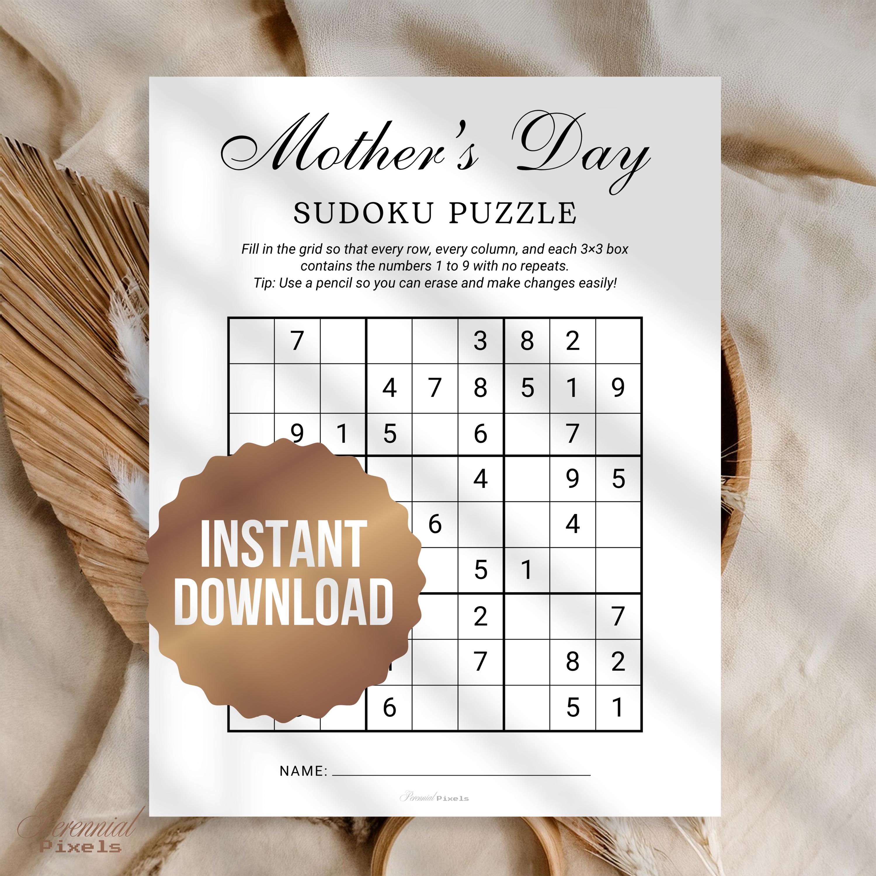 Mothers Day Sudoku Puzzles, Printable Sudoku Game, Minimalist Mothers ...