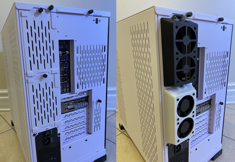 May include: A white computer case with black accents and a black fan assembly attached to the back. The case has a perforated design and various ports and connectors visible. The computer case is designed for housing computer components.