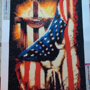 Completed Diamond Painting of a Cross with American Flag