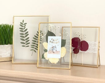 Set of 3 Double Glass Frame for Pressed Flowers, Polaroid and Artwork - Floating Glass Standing Gold Metal Picture Frames - 6x6", 5x7", 6x8"