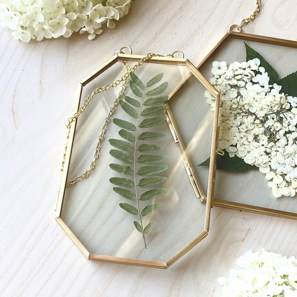 Set of 3 or 4 - Double Glass Frame for Pressed Flowers - Small Tempered Glass Hanging Metal Picture Frames, Gold Geometric Floating Frames