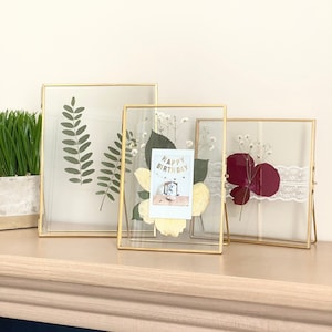 Set of 3 Double Glass Frame for Pressed Flowers, Polaroid and Artwork - Floating Glass Standing Gold Metal Picture Frames - 6x6", 5x7", 6x8"