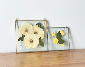 Glass Frame for Pressed Flowers, Leaf and Artwork - Hanging Square Metal Picture Frames, Clear Double Glass Floating Frame Decor - Set of 2