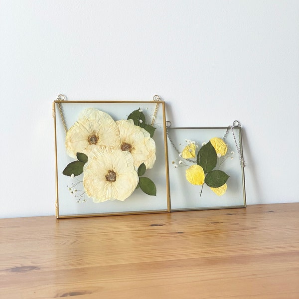 Glass Frame for Pressed Flowers, Leaf and Artwork - Hanging Square Metal Picture Frames, Clear Double Glass Floating Frame Decor - Set of 2