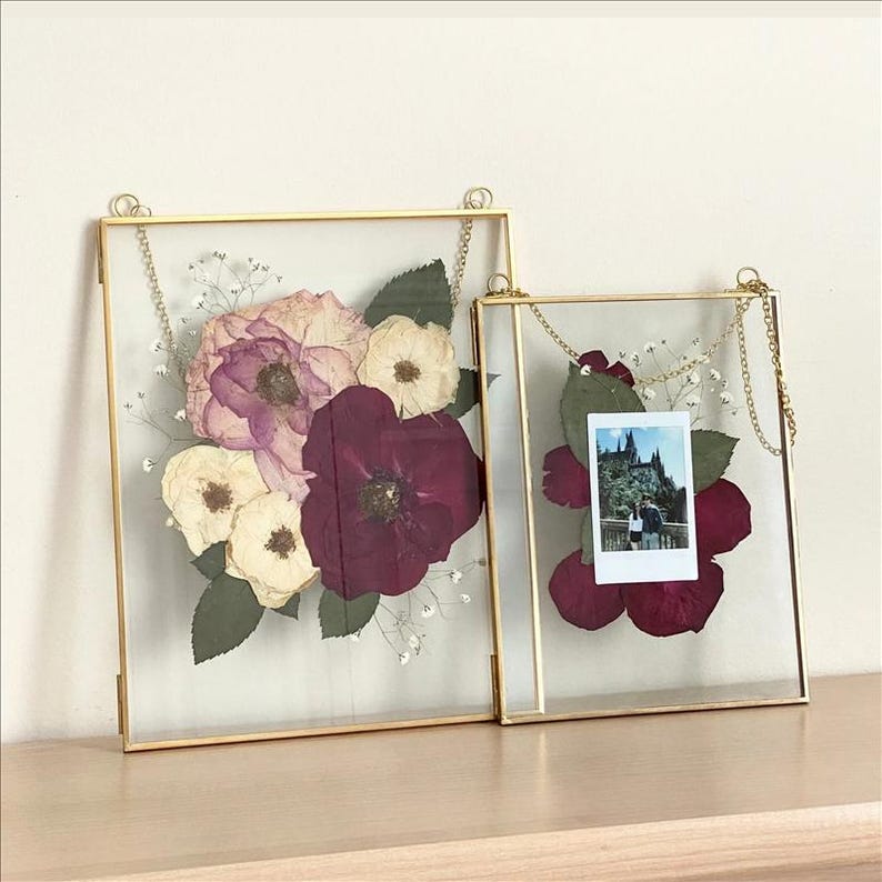 Set of 2 Double Glass Frame for Pressed Flowers, Photos and Artwork - Large Glass Hanging Metal Picture Frames, Clear Big Floating Frame image 1
