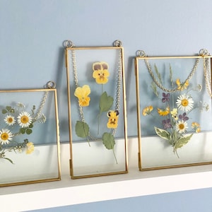 Double Glass Frame for Pressed Flowers, Polaroid and Artwork - Floating Glass Hanging Metal Picture Frames - Set of 3 - 6x6, 6x8, 4x9 inches