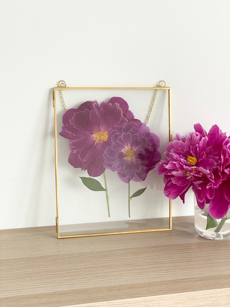 May include: A gold-toned frame with a glass front displays two pressed purple flowers. The flowers are arranged in a simple, elegant design.