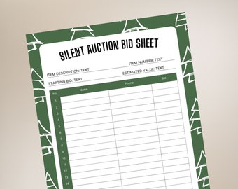 Printable Silent Auction Bid Sheet, Charity Fundraiser, School ...