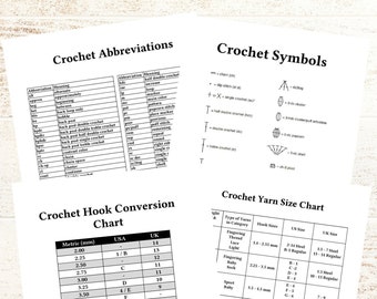 May include: Crochet hook conversion chart with metric, US, and UK sizes. Crochet yarn size chart with yarn types and corresponding hook sizes in millimeters and US and UK sizes.