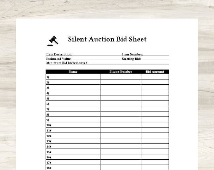 Printable Silent Auction Bid Sheet great for Charity/school Fundraisers Printable Silent Auction Bid Sheet great for Charity/school Fundraisers