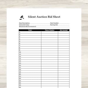 Printable Silent Auction Bid Sheet-Great For Charity/School Fundraisers