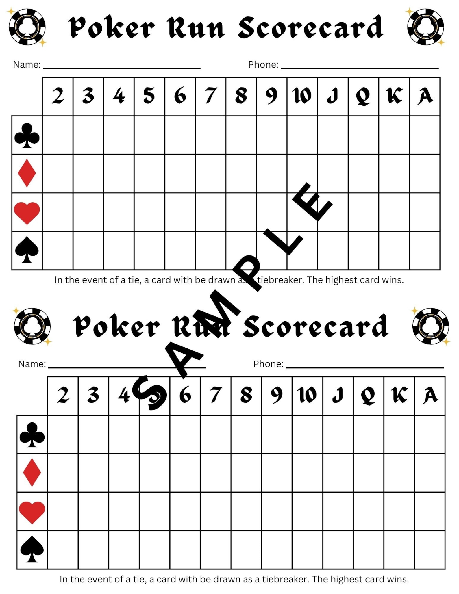 Poker Run Printable Scorecard, Poker Run Score Card, Poker Run Score