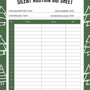 Printable Silent Auction Bid Sheet, Charity Fundraiser, School ...