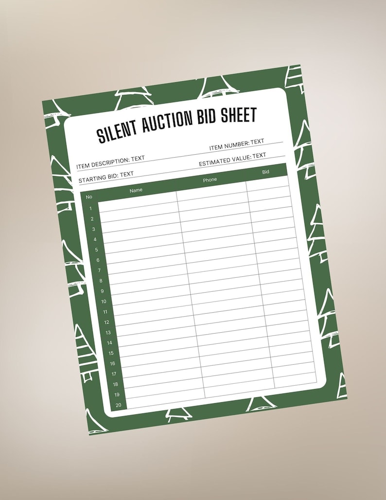 Printable Silent Auction Bid Sheet, Charity Fundraiser, School