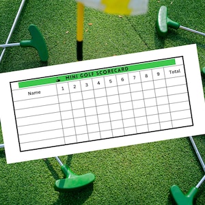Tarjeta de puntuación de minigolf imprimible, tarjeta de puntuación de golf en miniatura, tarjeta de puntuación de minigolf, registro de puntuación de golf imprimible, puntuación de juego de fiesta de golf. Descargar.