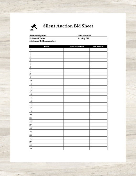 Printable Silent Auction Bid Sheet-great for Charity/school | Etsy