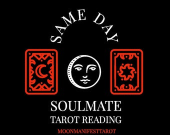 May include: Black and white illustration of three tarot cards with a moon, a star, and a crescent moon. The text "SAME DAY SOULMATE TAROT READING MOONMANIFESTTAROT" is below the cards.