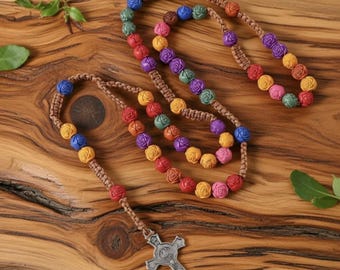 Colorful Rose Beaded Rosary | Macrame Cord, Silver Crucifix, Catholic Prayer Beads