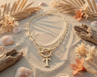 Letter T Charm Initial Necklace / paperclip chainnecklace / toggle necklace, letter T necklace / personalized jewelry