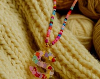 Initial S Necklace, Colorful Beaded Chain, Heart Charm Pendant, Trendy Jewelry