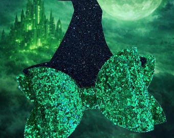 Wicked Witch Hat Hair Clip, Green Glitter Bow - Halloween Costume