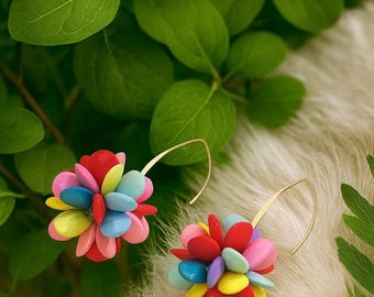 Handmade Colorful Flower Bead Earrings | Floral Statement Earrings | Lightweight Gold Threader Earrings | Boho Summer Jewelry | Gift for Her