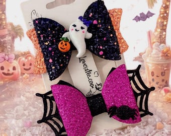 Halloween Hair Clips Glitter Ghost & Spiderweb Barrettes/ Summerween hair bow / Halloween hair clip, ghost bow, Ghoul Girl Summer, spooky