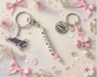 Pilates Keychains / Pilates Charm Keychain with Pink Bow & Pearl | Cute Gym Bag Accessory | Feminine Fitness Gift | Pilates Lover Keychain