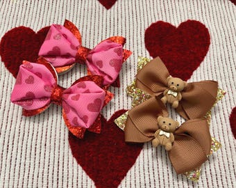 Glitter Heart Teddy Bear Hair Clips / Red hearts and pink bows hair clips /  Valentine’s Day Bows