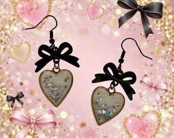 Glitter Heart Earrings with Black Bows, Gold Tone Dangle Jewelry