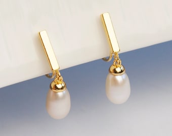 Genuine Pearl Dangle Clip On Earrings, Minimalist Dangle Pearls Earrings, Simple Dangle Pearl Earrings, Freshwater Pearl Non Pierced Earring