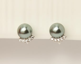 Clip On Pearl Earrings, Dark Grey Pearl CZ Stud Earrings, Silver Crystal Clip On Stud, Non Pierced Earring Small Ear Clip Studs, Bridal Stud