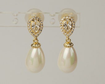 Clip On Pearls Diamond Earrings, Mini-Clip Dangle Earrings, Clear Crystal Pearl Dangle and Drop Earrings, Non-Pierced Bridal Wedding Earring