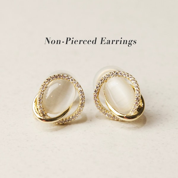 Gold Plated Opal Stud Earrings, Clip On Earrings for Women, Oval Cats Eye Moonstone Studs, Coil Back Clip On Earrings, Non Pierced Earrings