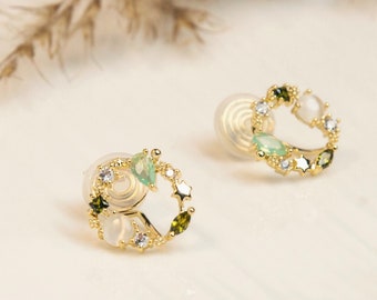 Green Gemstone Crystal Wreath Clip On Earrings, Gold Opal Diamond Open Circle Studs, Floral Star Wreath Stud Earrings, Non Pierced Earrings