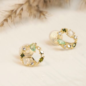 Green Gemstone Crystal Wreath Clip On Earrings, Gold Opal Diamond Open Circle Studs, Floral Star Wreath Stud Earrings, Non Pierced Earrings