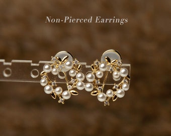 Clip On Stud Earrings with Pearls and Crystals, Gold-Tone Pearl and Crystal Wreath Earrings, Floral Open Circle Studs, Non Pierced Earrings