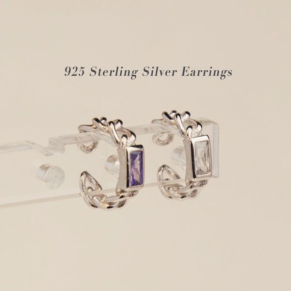 Sterling Sliver Crystal Tiny Chain Ear Cuff, Skinny Modern Minimalist Ear Cuff, Clear Purple Crystal Rectangle Stone, Piercing Free Earrings