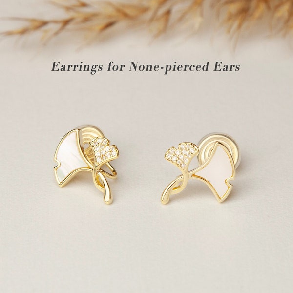 Ginkgo Leaves Stud Clip On Earrings, Gold Plated Ginko Leaf Stud Earrings, Mother Of Pearl Studs With Pave Diamond, None Pierced Earrings