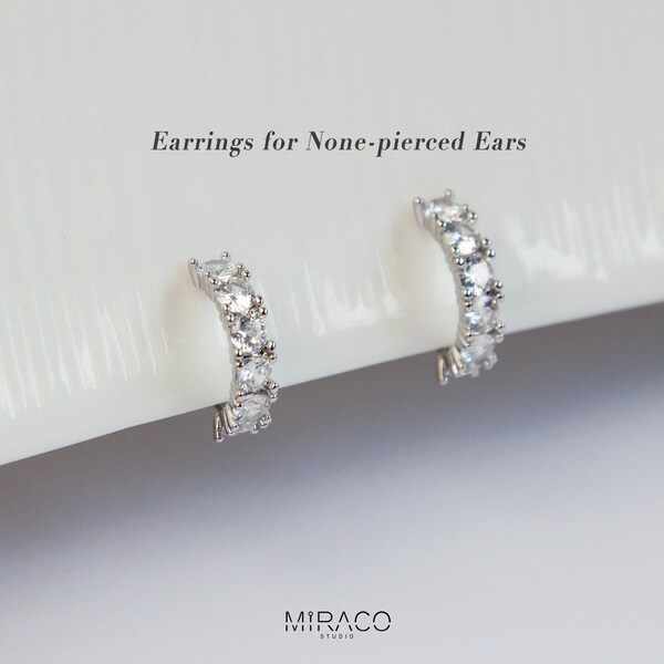 Clip On Hoop Diamond Earrings, Minimalist Crystal Silver Huggie Hoop Earrings, Clip On Diamond Hoop, Crystal Ear Clips, Non Pierced Ear Cuff