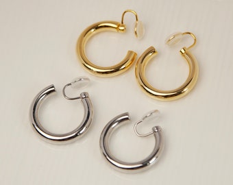 Minimalist Clip On Huggie Earrings, Huggie Hoop Earrings Gold Silver, Everyday Simple Medium Hoops, Large Hoops Non Pierced Earrings