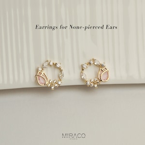 Light Pink Tulip Gemstone Crystal Wreath Clip On Earrings, Diamond Open Circle Studs, Floral Wreath Stud Earrings, Non Pierced Earrings