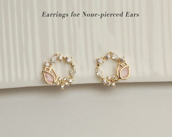 Rose Gold Pink Tulip Gemstone Crystal Wreath Clip On Earrings, Diamond Open Circle Studs, Floral Wreath Stud Earrings, Non Pierced Earrings